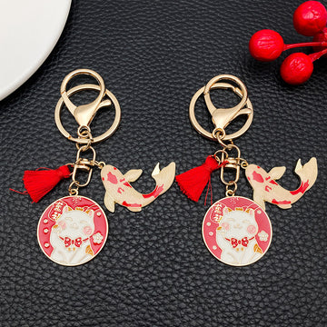 Red Thousand Fortune Cat Koi Tassel Metal Keychain Pair