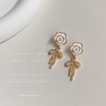 White Enamel Camellia Stud Gold Bow Drop Earrings Pair
