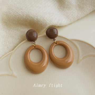 Mocha Ball Stud Earrings Caramel Glossy Open Oval Drops