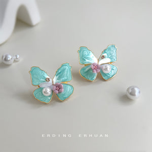 Mint Enamel Butterfly Stud Earrings with Pearl and Pink Flower