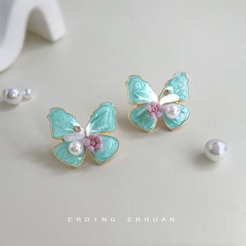 Mint Green Enamel Butterfly Stud Earrings With Pearl Accents