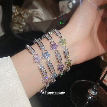 Silver Flower Crystal Link Bracelets Pink Purple Blue Green