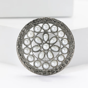 Round Pearl Lattice Brooch in an Antique Silver Tone