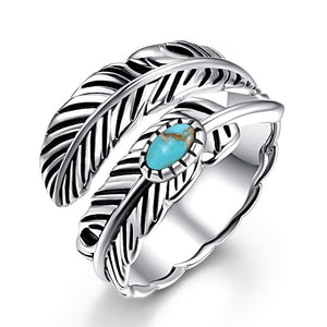 Aqua Oval Stone Feather Adjustable Ring Antiqued Silver Tone