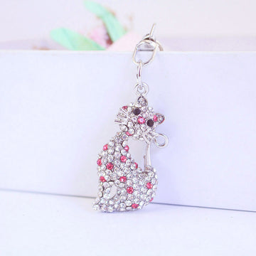 Silver-Tone Rhinestone Cat Keychain With Ring And Lobster Clasp