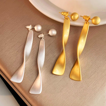 Brushed Wavy Ribbon Drop Stud Earrings in Gold and Silver