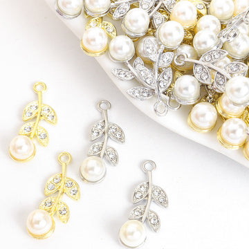 Pearl and Crystal Leaf Branch Charms in Gold and Silver Tones