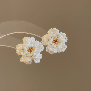 White Beaded Flower Stud Earrings with Pearl Look Centers