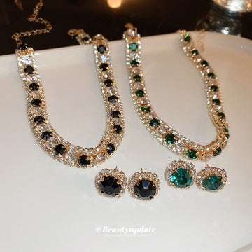 Gold Tone Round Stone Necklace And Earring Set In Green Or Black