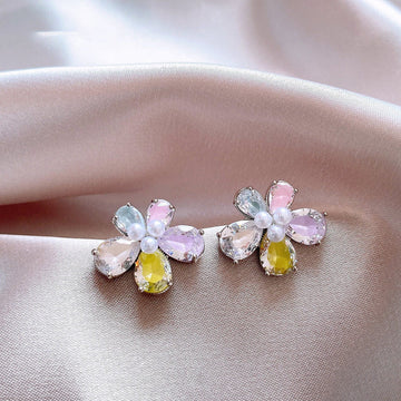 Pastel Crystal Flower Stud Earrings with Yellow Centers