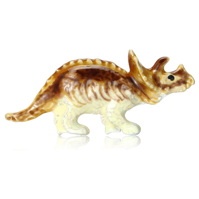 Front view of the triceratops brooch showing a striped triceratops with glossy enamel coloring