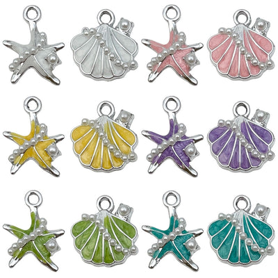 Colorful starfish and shell charms arranged on a light background