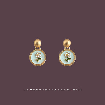 Gold Ball Post Mint Enamel Daisy Disc Drop Earrings