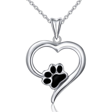 Silver Tone Heart and Black Paw Print Pendant Necklace