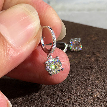 Round Crystal Huggie Drop Earrings in Silver Tone with Clear Crystal Details