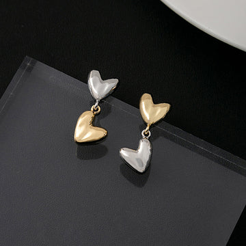 Two Tone Gold Silver Asymmetric Heart Drop Earrings