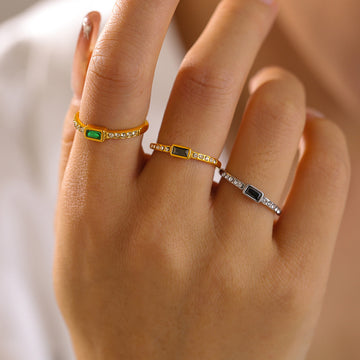 Open Ring Rectangle Glass Stone Crystal Pave Adjustable Band