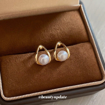 Gold Tone Teardrop Frame Pearl Stud Earrings for Women
