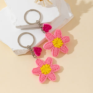 Beaded Pink Flower Keychain with Heart Charm and Silver Key Ring