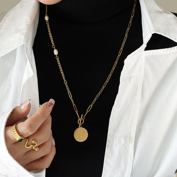 Gold OT Toggle Coin Pendant Long Necklace Pearl Paperclip Chain