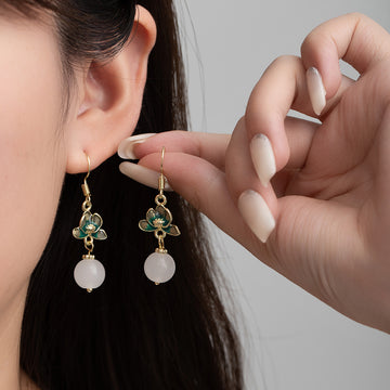 Green Flower and White Round Bead Gold Tone Hook Earrings