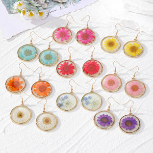 Glow in the Dark Pressed Flower Resin Drop Earrings, Gold Tone Bezels