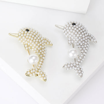 Pearl Beaded Dolphin Brooch Gold Silver Tone Pearl Drop