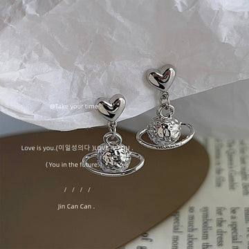 Silver Heart Post Drop Textured Planet Charm Earrings Pair