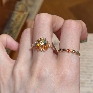 Gold Multicolor Baguette Firework Flower Open Ring