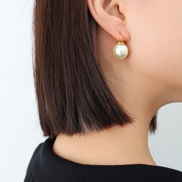 Large Round Faux Pearl Drop Earrings Gold Steel Tone