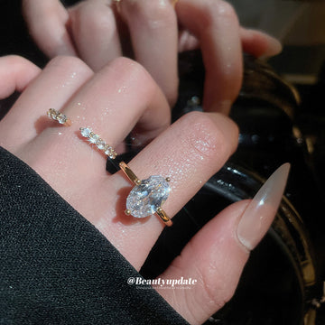 Gold Oval Zircon Open Ring Set Solitaire Pave Band Pair