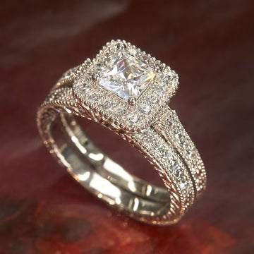 Silver Princess Halo CZ Bridal Ring Set Pair Sizes 6-10