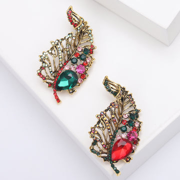 Openwork Leaf Brooch with Red and Green Crystal Accents