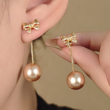 Champagne Pearl Look Bow Two Way Dangle Stud Earrings