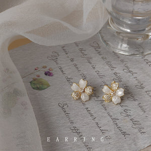 White Shell And Pave Crystal Four-Petal Flower Studs