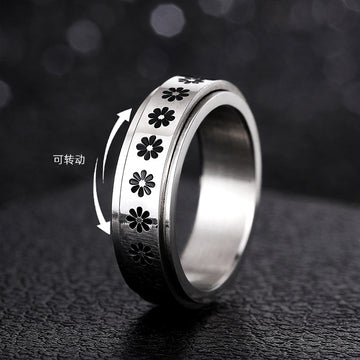 Steel Flower Spinner Ring Black Daisy Motif Sizes 6-13