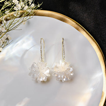 White Shell Flower Drop Earrings Crystal Lined Gold Hooks