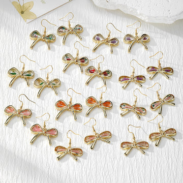 Gold Tone Bow Botanical Clear Drop Earrings in Twelve Styles
