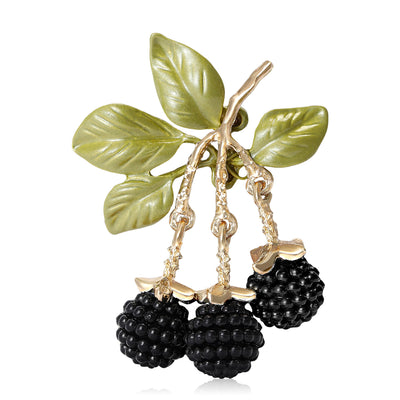 Front view of the berry cluster brooch in red or black with polished metal detail on a white background