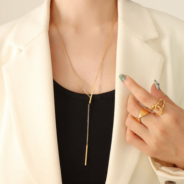 Y Bar Lariat Necklace Geometric Vertical Bars Gold Steel Chain