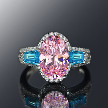 Silver Oval Halo Ring Pink Blue Yellow Clear CZ Alloy