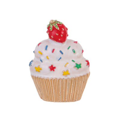 Front product view of the strawberry brooch pin in gold and red