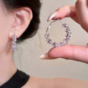 Clear Crystal Floral Hoop Earrings in Polished Silver Tone