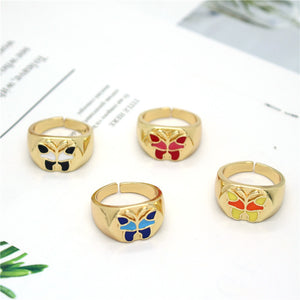 Butterfly Signet Rings in Gold-Tone Enamel, Adjustable Open Band