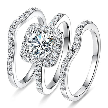 Silver Tone Cushion Halo Three Piece Bridal Ring Set