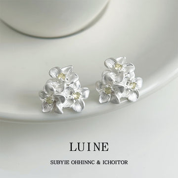 Matte Silver Triple Flower Pale Yellow Stone Stud Earrings