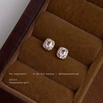 Gold Tone Clear Cushion Stone Double Halo Stud Earrings