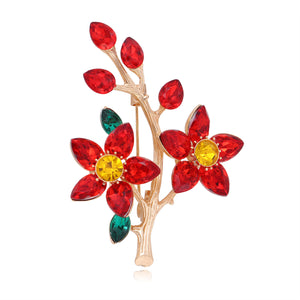 Crystal Flower Branch Brooch Pin, Blue on Silver-Tone or Red on Gold-Tone Alloy