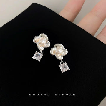 Silver Camellia Pearl Square Crystal Drop Stud Earrings