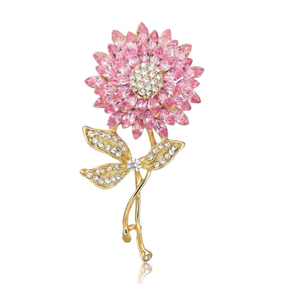 Crystal Sunflower Stem Brooch in Yellow or Pink Petals shown from the front on a white background